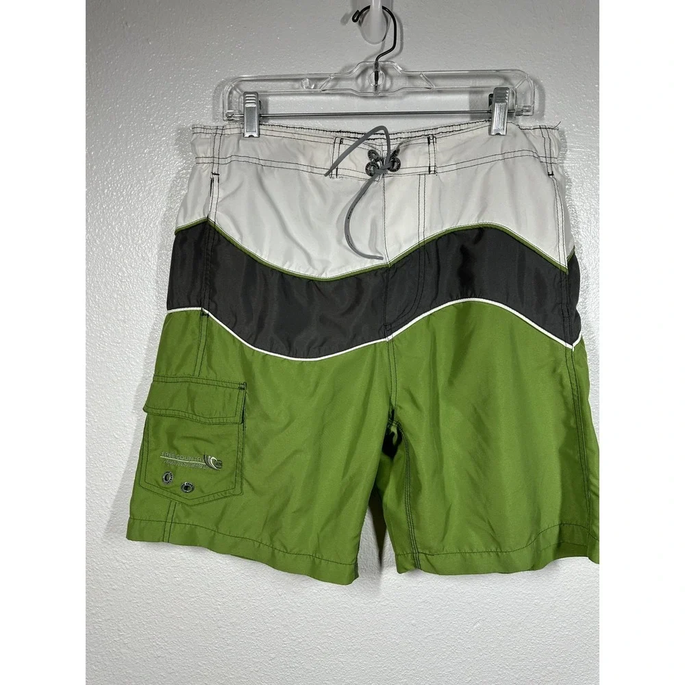 Free Country Swim Shorts Mens Medium Green Black‎ White Aqua Tech Boardshorts